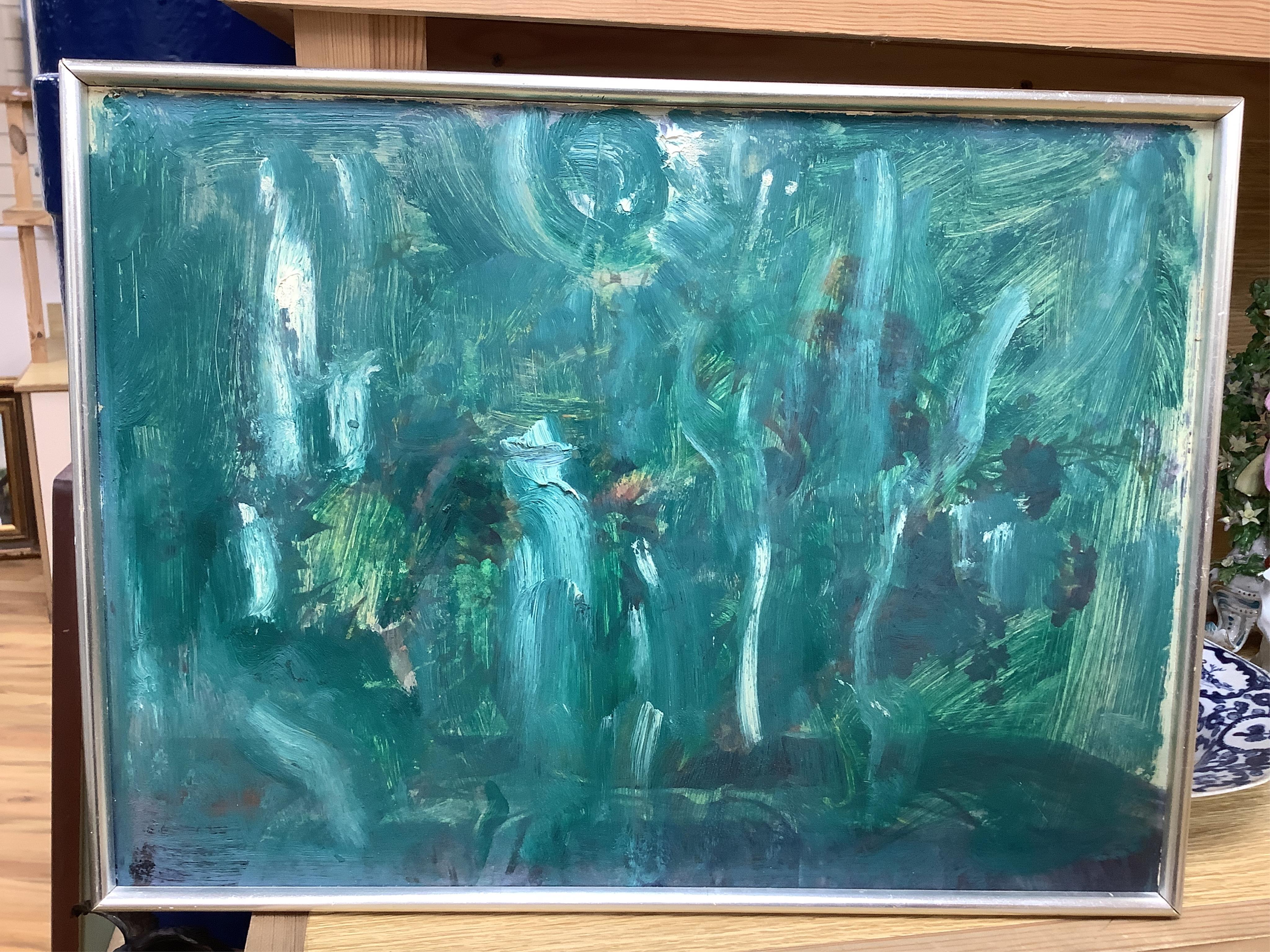 20th century, Figures before a landscape, inscribed verso, oil on canvas, together with an abstract oil on board, possibly by the same hand, largest 42 x 53cm